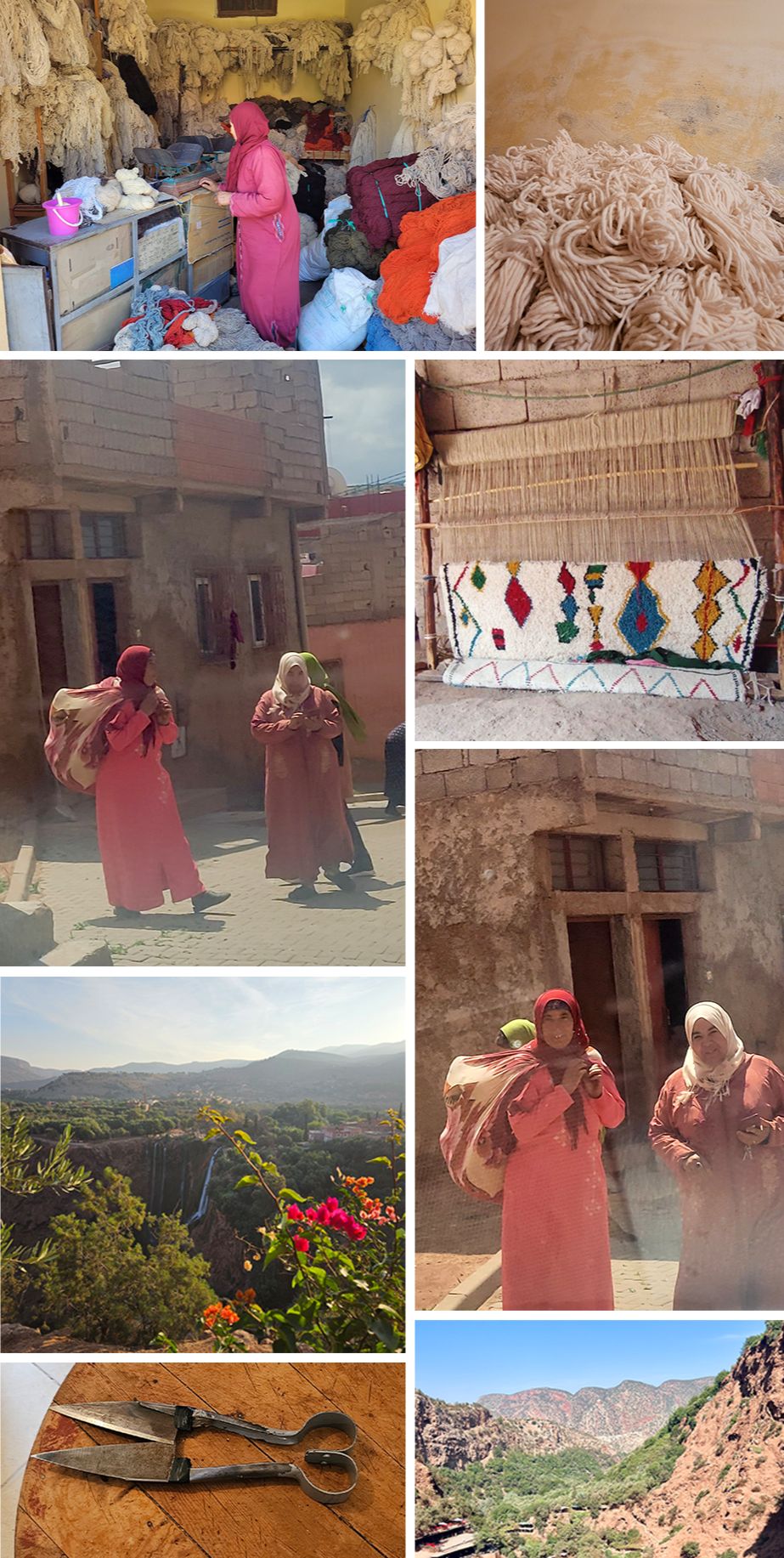 Collage of images showing people in pink and red clothing, natural landscapes, and traditional crafts.