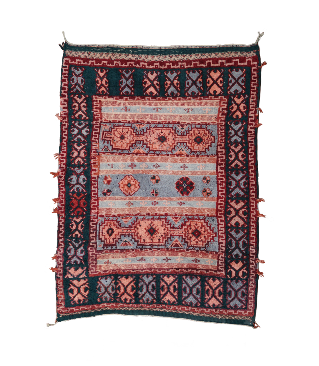 Decorative rug with intricate patterns with deep teal, light blue and shades of pink