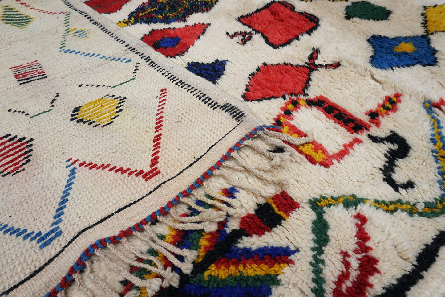 Close-up of a colorful patterned rug with intricate designs.