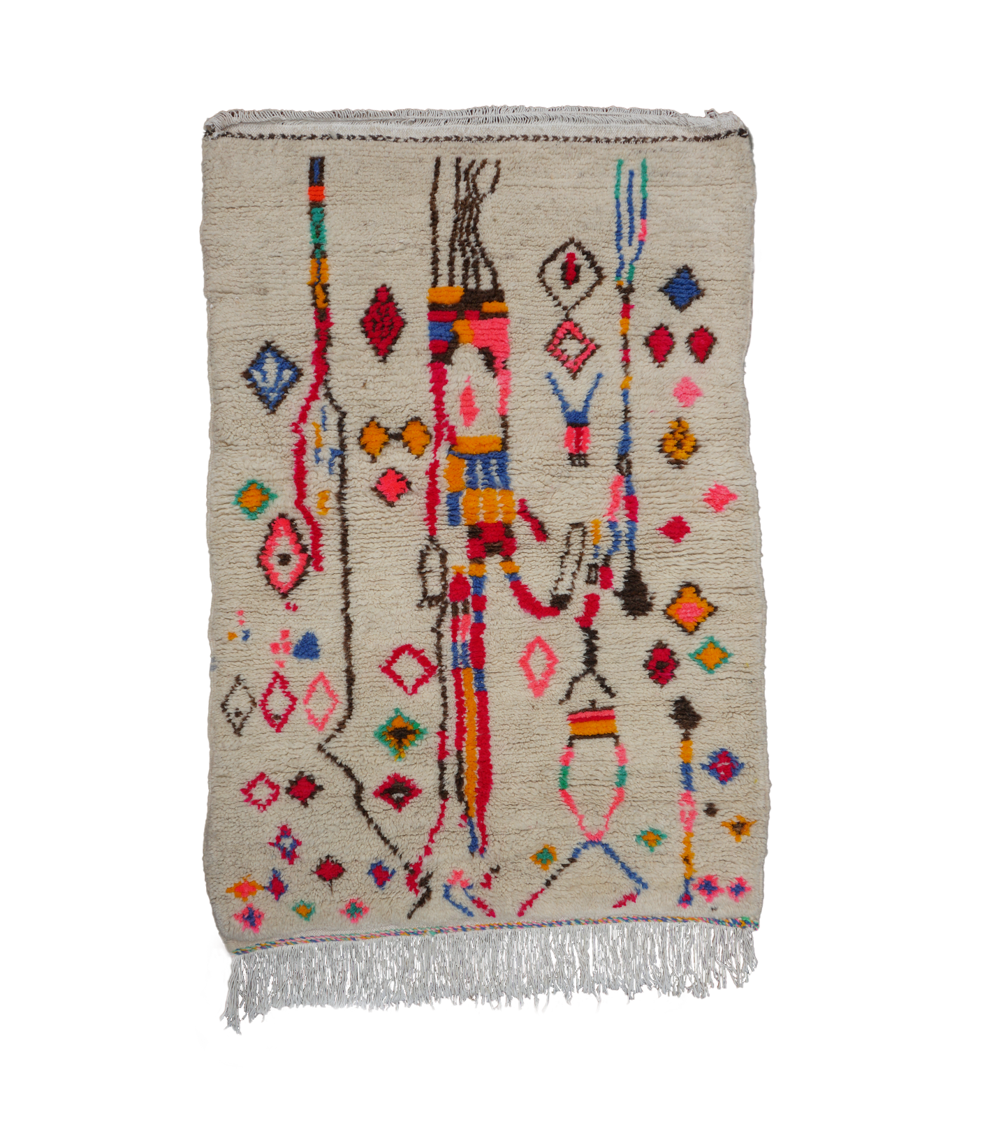 Medium hand knotted azilal rug with bright colorful patterns and fringes on a neutral background