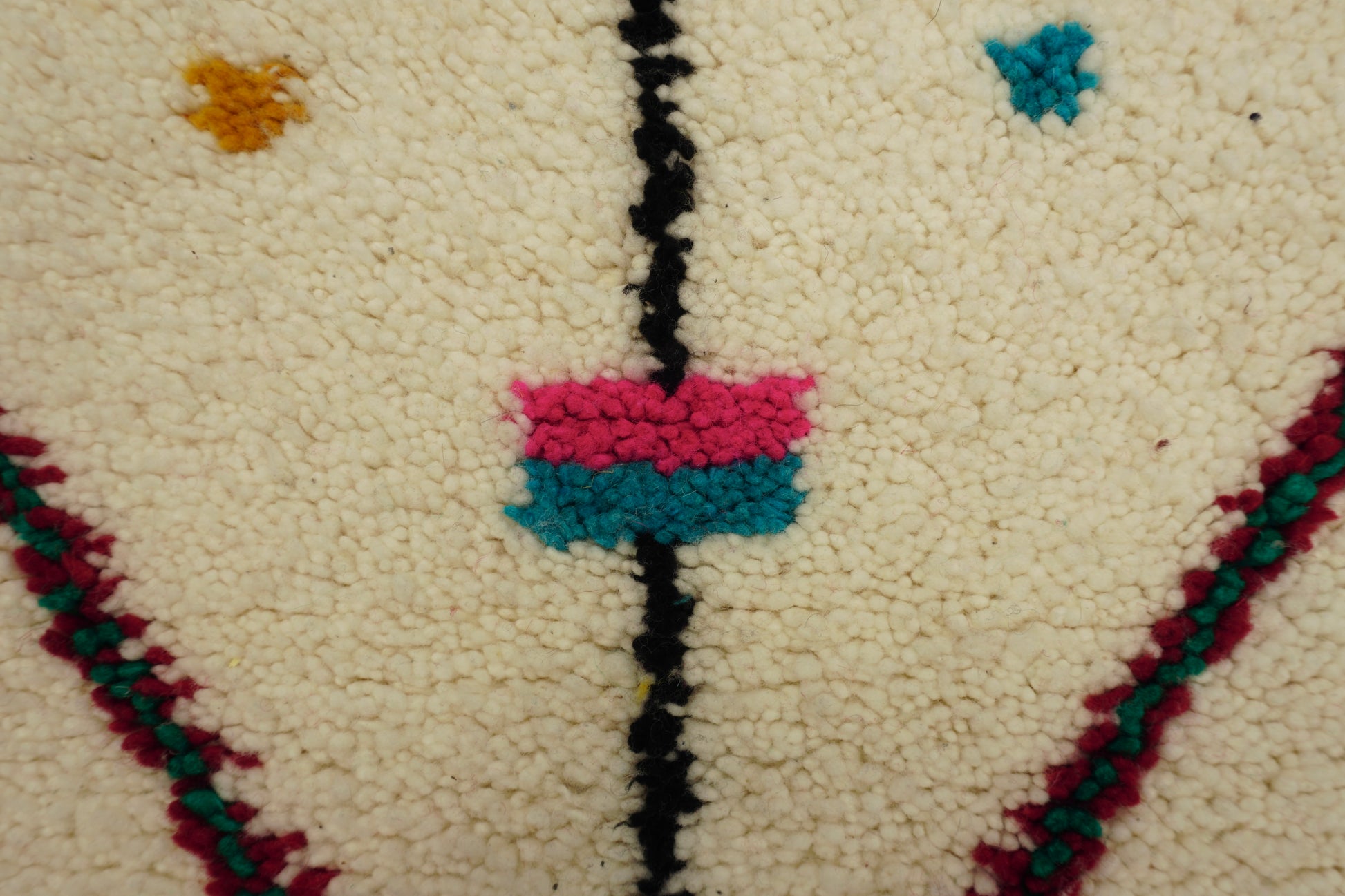 Close-up of a wool rug with colorful patterns